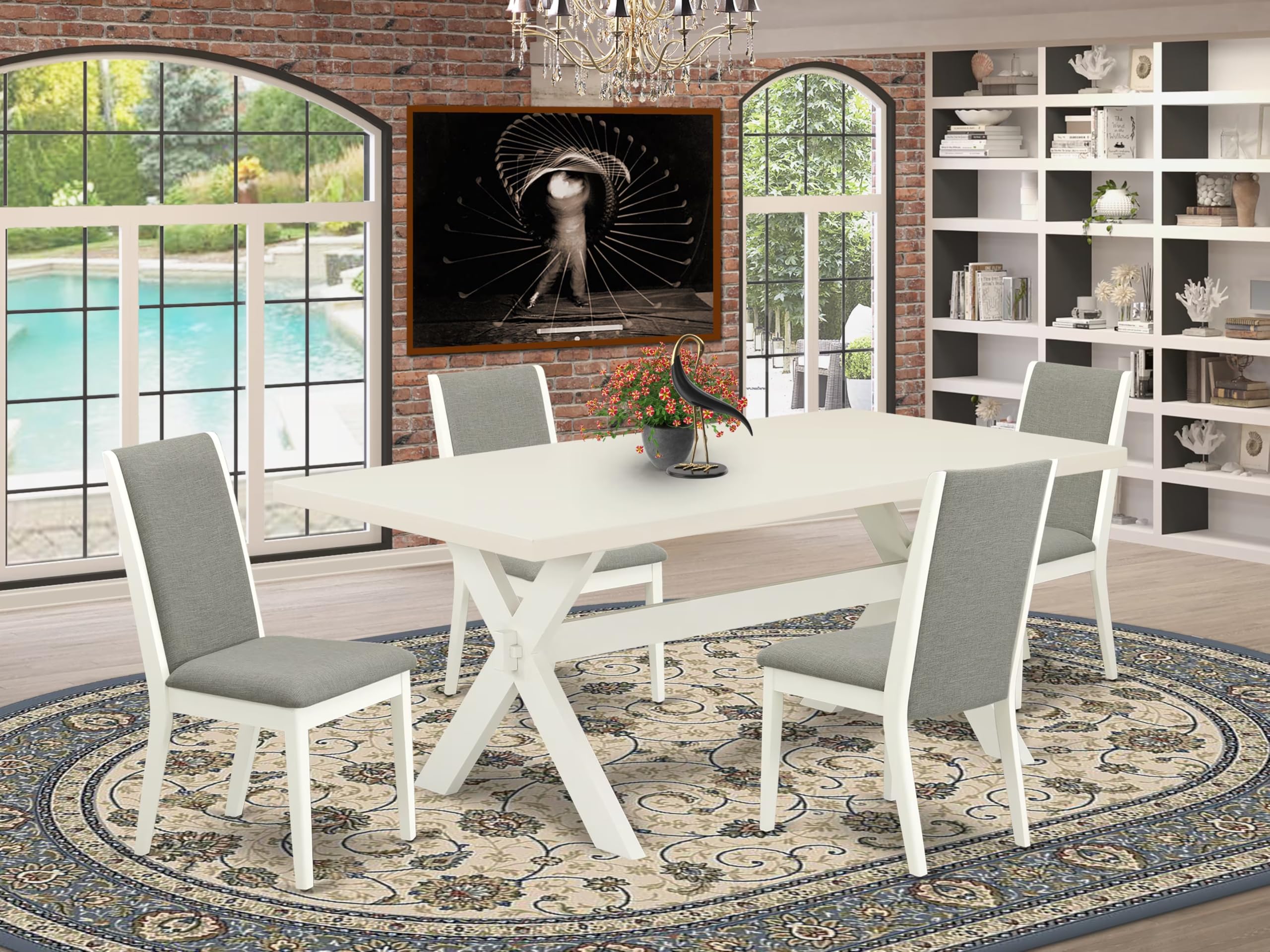 East West Furniture X027La206-5 5 Piece Kitchen Table & Chairs Set Includes A Rectangle Dining Room Table With X-Legs And 4 Shitake Linen Fabric Parsons Chairs, 40X72 Inch, Multi-Color